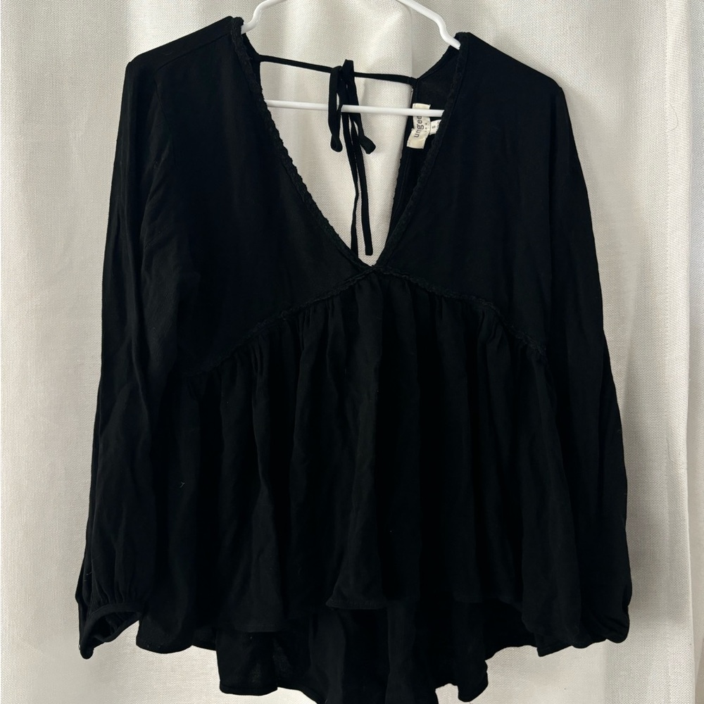 Umgee Black Tie Front Long Sleeve Blouse